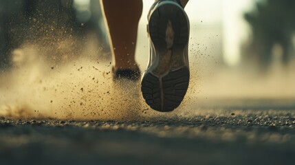 Close-up of a runner's feet pounding the pavement, dust kicking up with each step, [exercise], [workout motivation].