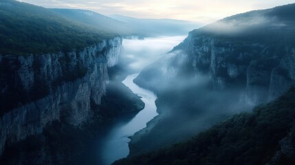 Winding river cutting through a foggy valley, steep cliffs on either side, early morning light casting soft shadows, creating a dramatic and serene view