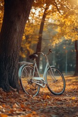 Fototapeta premium Vintage bicycle leaning against tree in autumn park with golden sunlight and fallen leaves