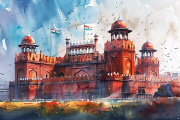 Watercolor Illustration of the Iconic Red Fort in Delhi: Historic Indian Landmark in Vibrant Detail