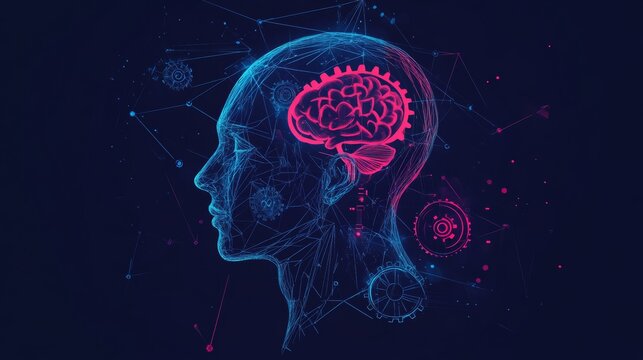 Creative team working on a high-tech IT project represented by a human head or brain with gears, blockchain and AI artificial intelligence, flat cartoon illustration clip art minimal UI UX.