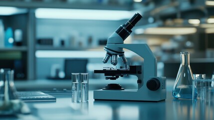 Detailed shot of a microscope examining a genetic prototype in a modern biotech lab, advanced lab tools in the background, [biotech lab], [prototype analysis].