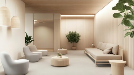 Quiet room with soft colors and natural materials, designed for employee relaxation and wellness, calm office environment