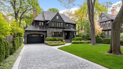 This beautiful colonial home showcases classic New England architecture with stone walls, large windows, a cobblestone driveway, and lush greenery on a sunny day