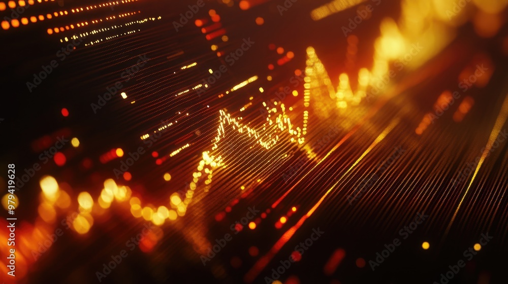 Poster close-up of a digital screen displaying a gold price chart with fluctuating lines and data points, r