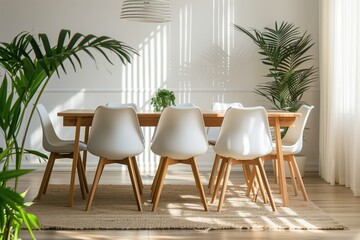 Bright and minimalist dining room with white chairs, a wooden table, and large leafy plants, bathed in soft natural light, creating a serene and inviting space with a modern Scandinavian touch