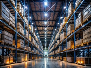 Darkened warehouse with towering shelves and dim LED lighting at night