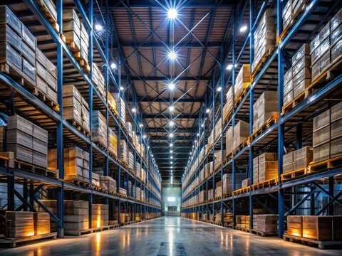Darkened warehouse with towering shelves and dim LED lighting at night