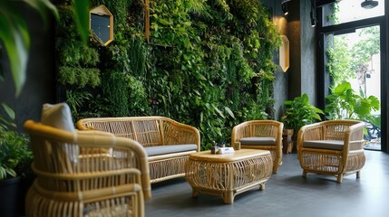 Obraz premium Bamboo furniture and vertical garden walls in a contemporary workspace, highlighting sustainability and nature-inspired aesthetics, green workspace