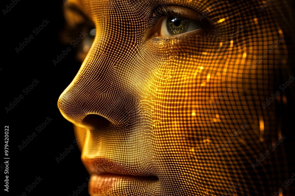 Aufkleber woman’s face illuminated by digital golden patterns symbolizing technology data and the fusion of mo