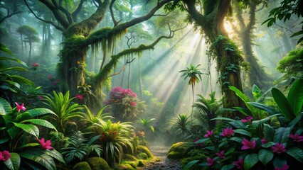 Vibrant emerald foliage and exotic flowers thrive in a lush, misty rainforest, with dappled sunlight filtering through the dense canopy of ancient, twisted trees.