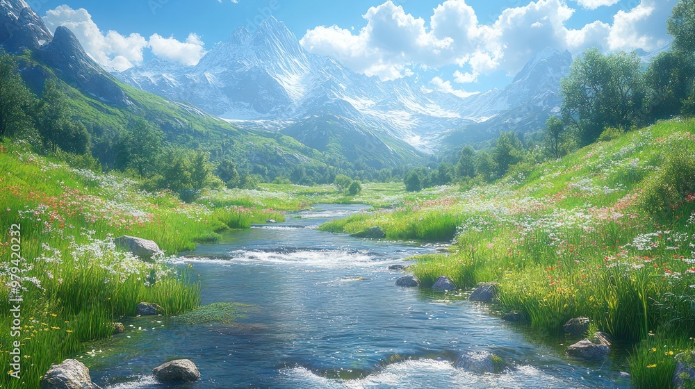 Poster a beautiful mountain landscape with a river running through it