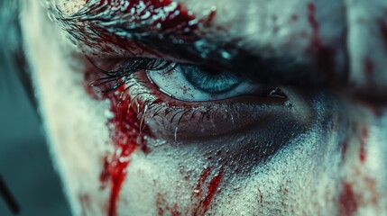 Obraz premium Detailed shot of a bloodied forehead after a high-impact accident, close-up of the injury, 16:9 frame, [trauma], [accident impact].