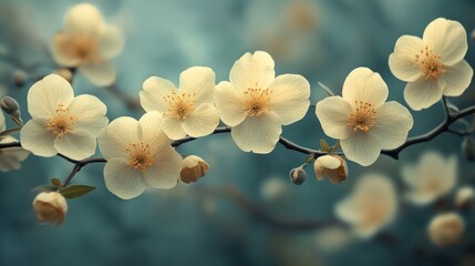 A bouquet of white flowers is hanging from a branch