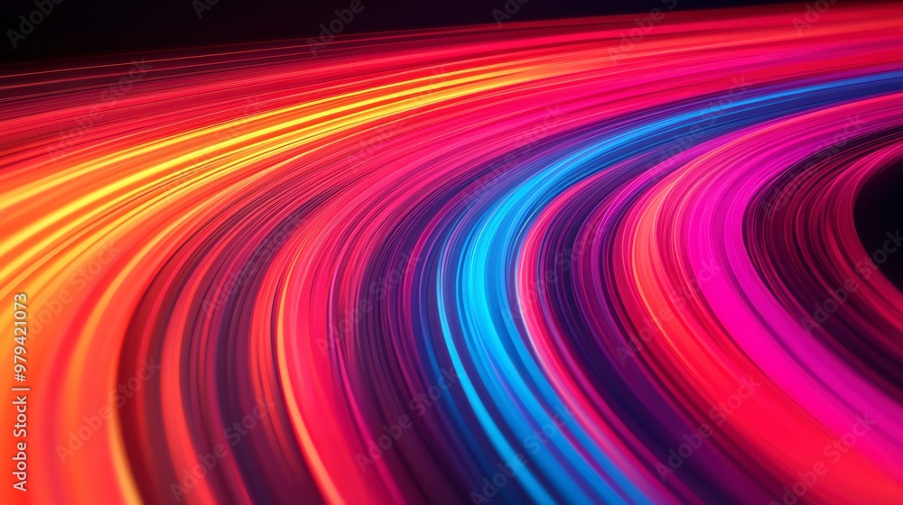 Poster vibrant and dynamic light trails in vivid colors, creating an abstract background with a sense of mo