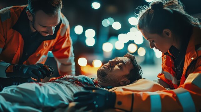 Close-up of paramedics treating an injured patient on a stretcher, hospital lights in the background, 16:9 aspect ratio, [emergency recovery], [trauma treatment]. - Powered by Adobe