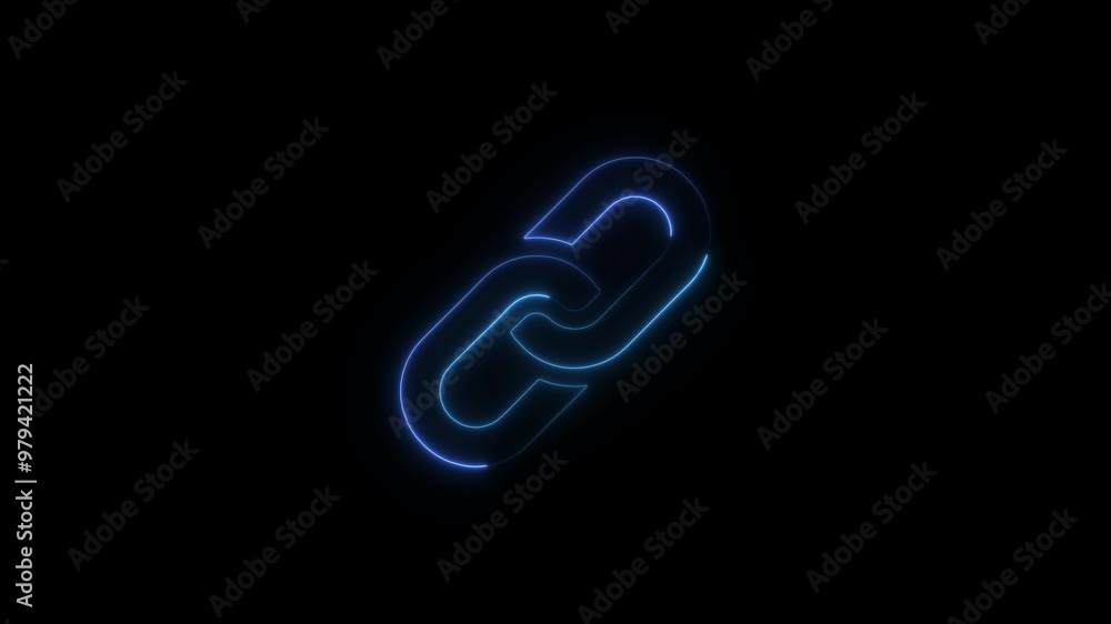 Poster link neon sign appear in center and disappear after some time. animated blue neon symbol on black ba
