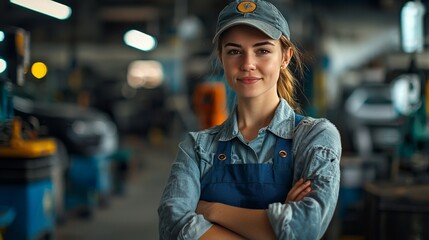 Portrait of a female mechanic standing confidently in an automotive workshop