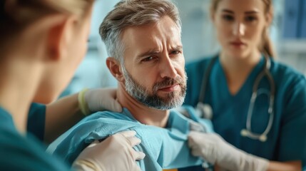 Fototapeta premium Medical team stabilizing an injured shoulder with a safety brace, close-up with focus on patient care, 16:9 wide view, [injured], [medical safety].