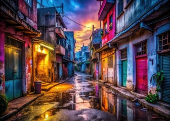 Obraz premium vibrant hues bold textures gritty realism rough concrete dirty streets dramatic lighting urban decay struggle beauty contrast