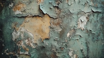 Aged grunge wall, faded graffiti barely visible, chipped concrete with layers of paint peeling off, muted colors like brown, gray, and faded green, urban decay aesthetic, raw and textured