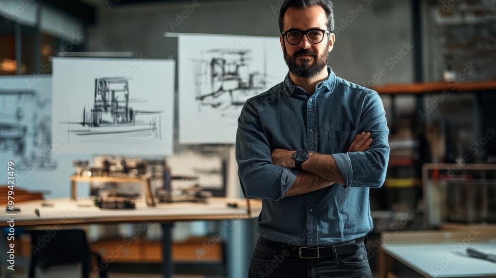 Poster a designer presenting a new machine concept, with sketches and models displayed in the background.