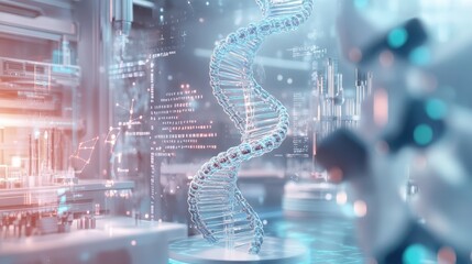 3D-rendered DNA strand surrounded by lab equipment, close-up in a futuristic biotech environment, [biotechnology], [scientific analysis].