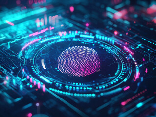 A blue and purple image of a fingerprint with a red dot in the middle. The image is abstract and futuristic, with a sense of technology and innovation