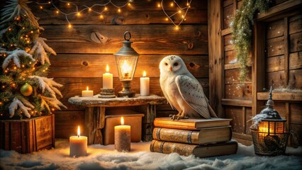 cozy rustic wooden cabin interior snowy owl sitting vintage ornaments old books candles dim warm golden lighting soft focus nostalgic feel