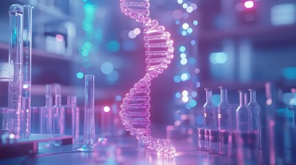 3D-rendered DNA strand surrounded by lab equipment, close-up in a futuristic biotech environment, [biotechnology], [scientific analysis].
