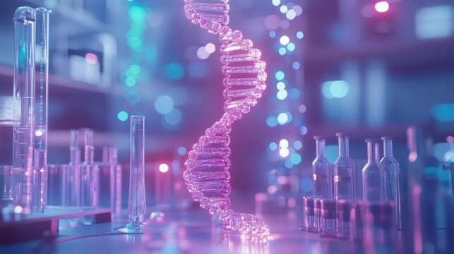 3D-rendered DNA strand surrounded by lab equipment, close-up in a futuristic biotech environment, [biotechnology], [scientific analysis].