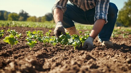 A man is kneeling down in a field of plants