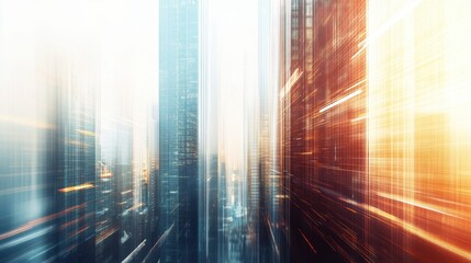 Abstract futuristic city background with light speed lines and blurred skyscrapers on a white background. 