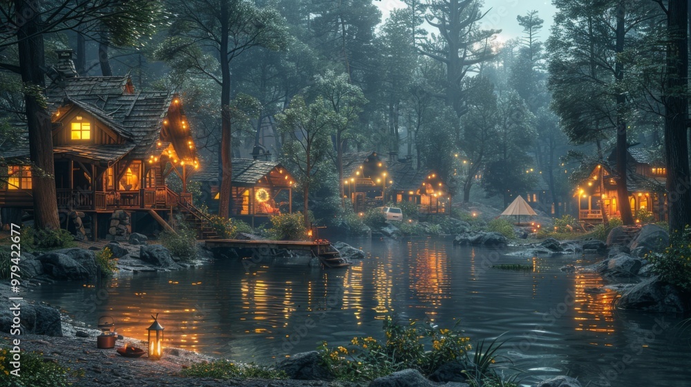 Poster design a charming scene of a family setting up camp at a rustic campground, pitching tents and unloa