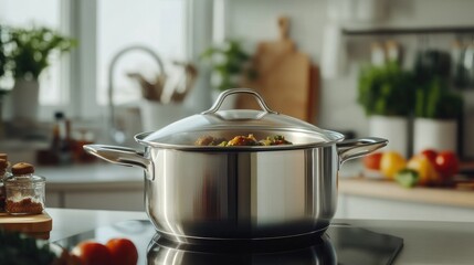 Close-up of a modern pot with a glass lid, showing a delicious meal inside and a clean, organized kitchen environment