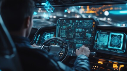 Fototapeta premium A driver inside the cockpit of a high-tech transport machine, with digital control panels and navigation screens in the background.