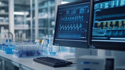 Detailed close-up of genetics software processing DNA data in a sterile biotech lab, digital screens and lab tools in view, [biotechnology lab], [genetics software].