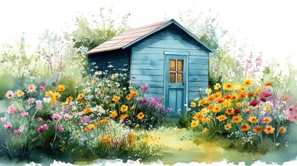 A charming blue shed surrounded by vibrant flowers in a sunny garden, perfect for nature lovers and gardening themes.