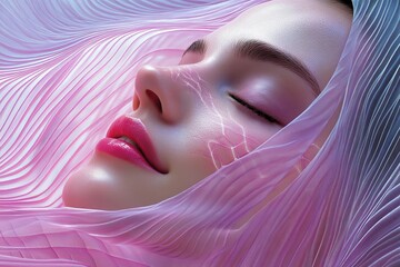Close up of a womans face with pink glowing lines symbolizing futuristic beauty innovation and the fusion of modern technology with artistic expression