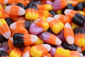 A vibrant mix of candy corn pieces in various colors, perfect for Halloween or fall-themed decorations.