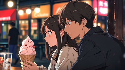 boy and girl on a date while bringing ice cream, anime style.