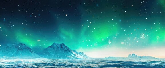 A magical winter scene with Santa Claus in a sleigh, guided by a reindeer under a mesmerizing northern lights sky.