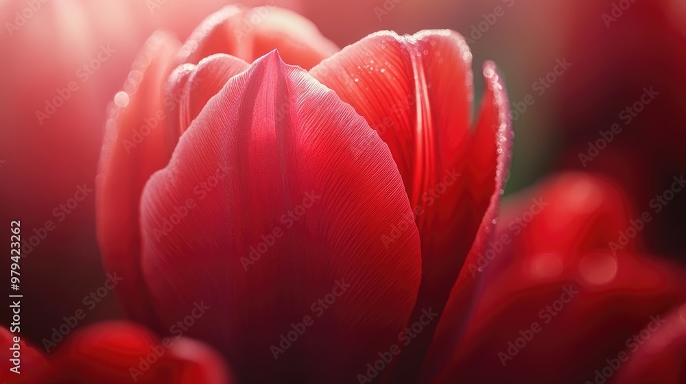 Poster close-up of a red tulip with soft light shining through its petals, showing texture and detail