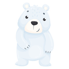Vector illustration of a cute white polar bear isolated on a white background. Northern bear in cartoon vector style. Cute animals of Antarctica.