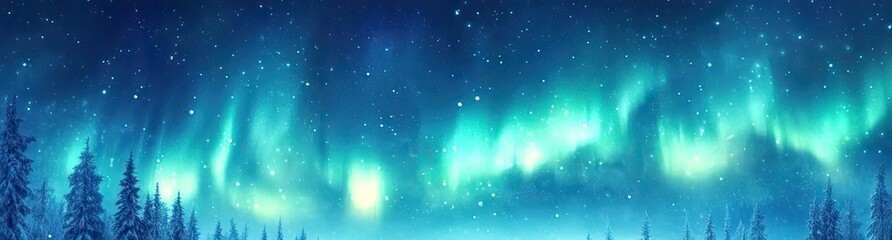 A serene winter scene featuring reindeer and a sleigh beneath a stunning aurora borealis in the night sky.