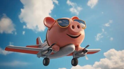 3D illustration of a piggy bank with aviator sunglasses, piloting a small airplane against a blue sky backdrop, symbolizing financial goals.