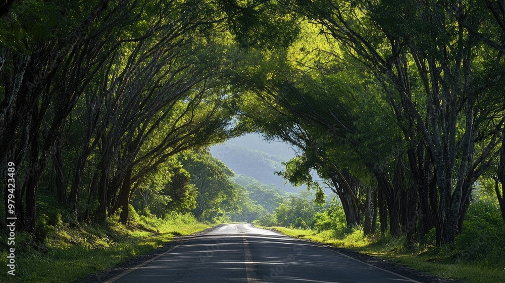 Poster close-up of a scenic road with a canopy of trees arching overhead, creating a tunnel of green and da