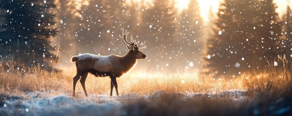 A majestic deer stands peacefully in a snow-covered forest, illuminated by soft morning light amidst falling snowflakes.
