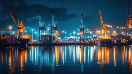 Nighttime industrial scene with cranes and ships reflecting on calm water.