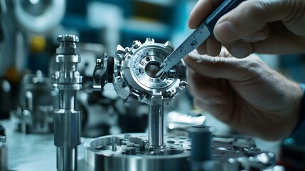 Engineer inspecting a mechanical part with calipers, precision measurement, high-quality manufacturing.